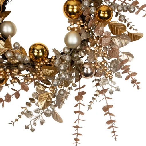 Hot Ornaments, Holly and Berries Artificial Christmas Wreath - 30" - Gold and Copper Tone Unlit