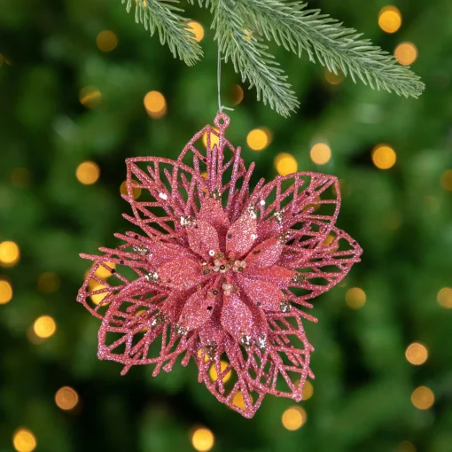 Pack of 4 Glittered Pink Poinsettia Christmas Ornaments 6" Garden & Floral