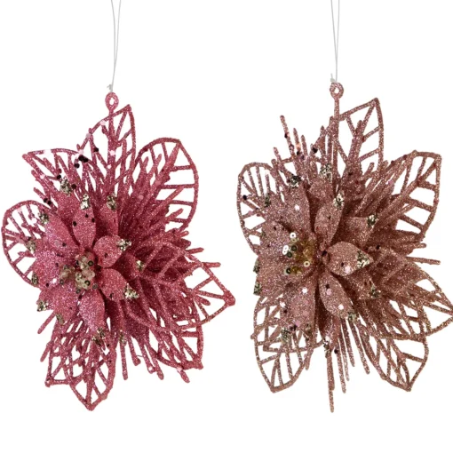 Pack of 4 Glittered Pink Poinsettia Christmas Ornaments 6" Garden & Floral