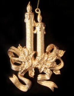 Outlet Pack of 2 Gold Glittered Double Candle Holly Berry Christmas Ornaments 5.5" Novelty