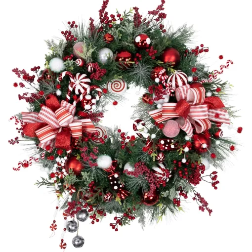 Clearance Peppermint Candy Artificial Pine Christmas Wreath - 42" - Unlit Pre Decorated