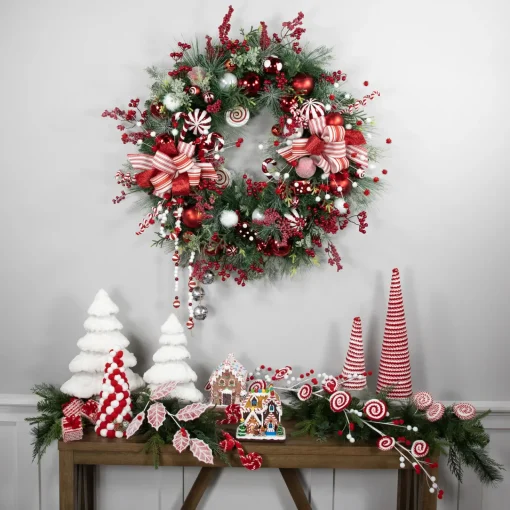Clearance Peppermint Candy Artificial Pine Christmas Wreath - 42" - Unlit Pre Decorated