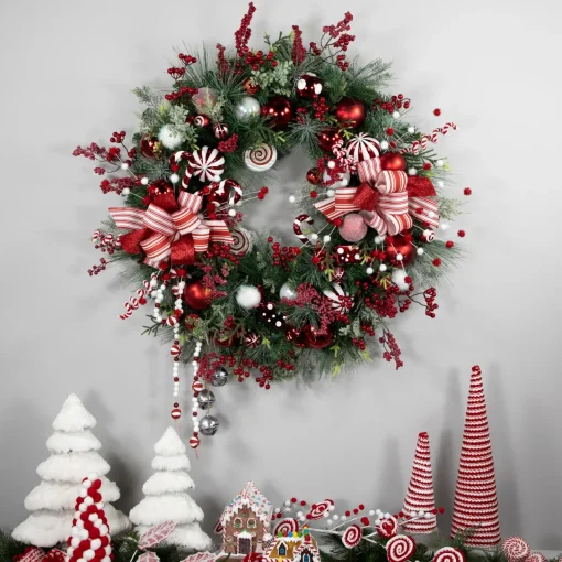 Clearance Peppermint Candy Artificial Pine Christmas Wreath - 42" - Unlit Pre Decorated