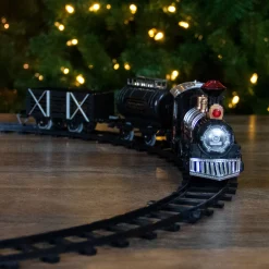 Clearance 9-Piece Battery Operated Black and Silver Lighted & Animated Classic Train Set with Sound Trains
