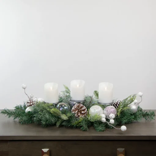 Best Pine and Berries Triple Candle Holder with Iridescent Christmas Ornaments - 32" Candle Holders