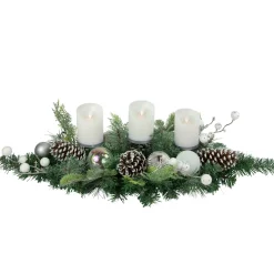 Best Pine and Berries Triple Candle Holder with Iridescent Christmas Ornaments - 32