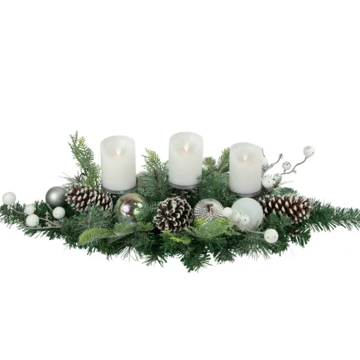 Best Pine and Berries Triple Candle Holder with Iridescent Christmas Ornaments - 32" Candle Holders