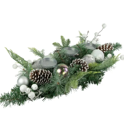 Best Pine and Berries Triple Candle Holder with Iridescent Christmas Ornaments - 32" Candle Holders
