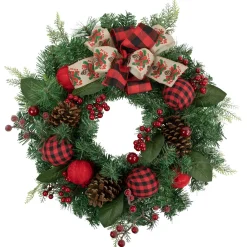 Online Pine Artificial Christmas Wreath with Bows and Plaid Ornaments - 24" - Unlit Unlit