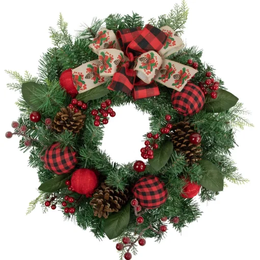 Online Pine Artificial Christmas Wreath with Bows and Plaid Ornaments - 24" - Unlit Unlit