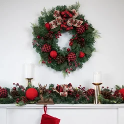 Online Pine Artificial Christmas Wreath with Bows and Plaid Ornaments - 24" - Unlit Unlit