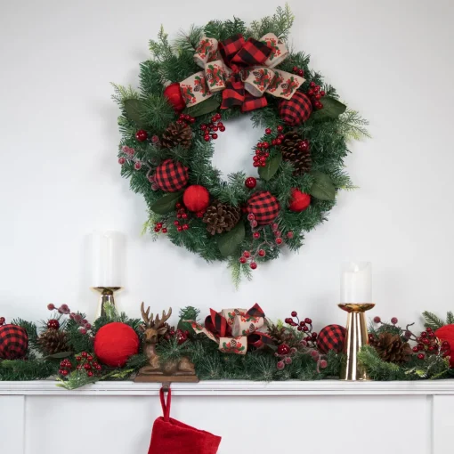 Online Pine Artificial Christmas Wreath with Bows and Plaid Ornaments - 24" - Unlit Unlit