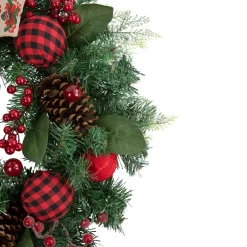 Online Pine Artificial Christmas Wreath with Bows and Plaid Ornaments - 24