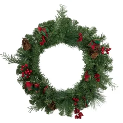 Pine Cones and Berries Artificial Christmas Wreath with Ribbon - 24" - Unlit Pre Decorated