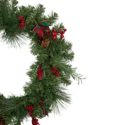 Pine Cones and Berries Artificial Christmas Wreath with Ribbon - 24