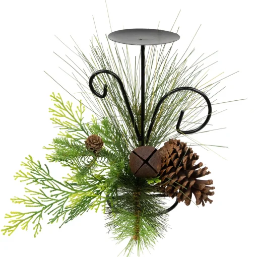 Pine Cones and Jingle Bell Christmas Pillar Candle Holder - 10" Candle Holders