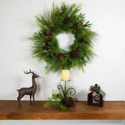 Pine Cones and Jingle Bell Christmas Pillar Candle Holder - 10" Candle Holders