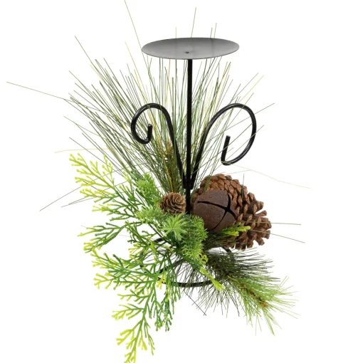 Pine Cones and Jingle Bell Christmas Pillar Candle Holder - 10" Candle Holders