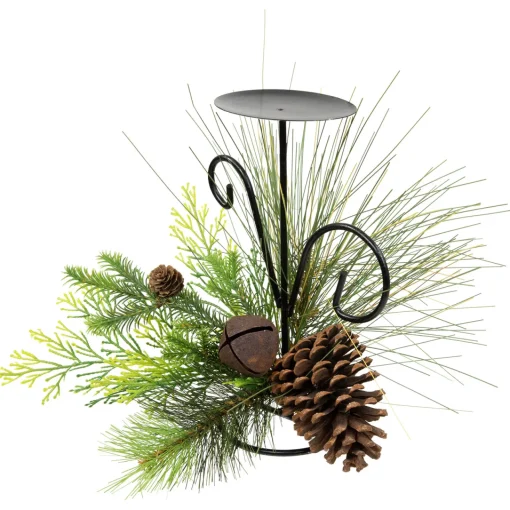 Pine Cones and Jingle Bell Christmas Pillar Candle Holder - 10" Candle Holders