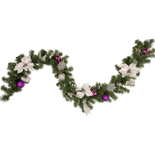 Hot Pine Foliage Poinsettia and Snowflake Artificial Christmas Garland - 6' x 9" - Unlit Pre Decorated