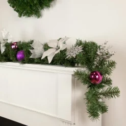 Hot Pine Foliage Poinsettia and Snowflake Artificial Christmas Garland - 6' x 9" - Unlit Pre Decorated