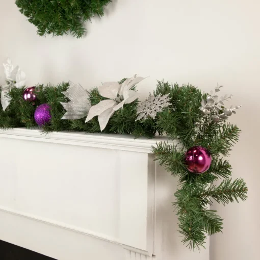 Hot Pine Foliage Poinsettia and Snowflake Artificial Christmas Garland - 6' x 9" - Unlit Pre Decorated