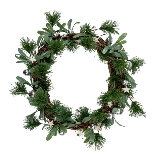 Online Pine Needle and Silver Ball Ornament Artificial Christmas Wreath, 12-Inch, Unlit Pre Decorated