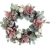 Online Pink Floral and Ball Ornament Frosted Pine Artificial Christmas Wreath, 24-Inch, Unlit Frosted