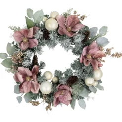 Online Pink Floral and Ball Ornament Frosted Pine Artificial Christmas Wreath, 24-Inch, Unlit Frosted