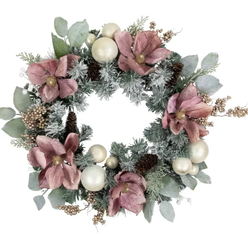 Online Pink Floral and Ball Ornament Frosted Pine Artificial Christmas Wreath, 24-Inch, Unlit Frosted