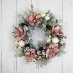 Online Pink Floral and Ball Ornament Frosted Pine Artificial Christmas Wreath, 24-Inch, Unlit Frosted