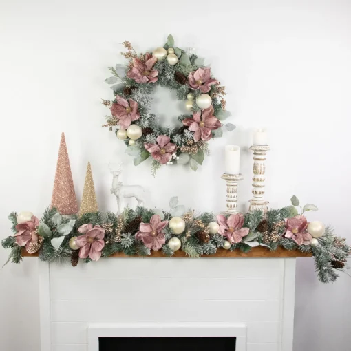 Online Pink Floral and Ball Ornament Frosted Pine Artificial Christmas Wreath, 24-Inch, Unlit Frosted