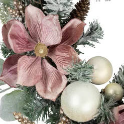 Online Pink Floral and Ball Ornament Frosted Pine Artificial Christmas Wreath, 24-Inch, Unlit Frosted