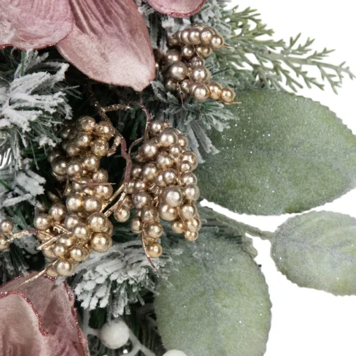 Online Pink Floral and Ball Ornament Frosted Pine Artificial Christmas Wreath, 24-Inch, Unlit Frosted