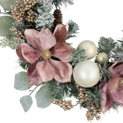 Online Pink Floral and Ball Ornament Frosted Pine Artificial Christmas Wreath, 24-Inch, Unlit Frosted
