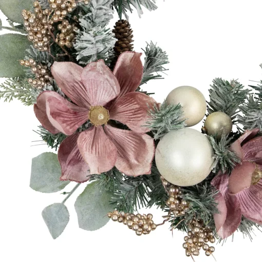 Online Pink Floral and Ball Ornament Frosted Pine Artificial Christmas Wreath, 24-Inch, Unlit Frosted