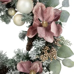 Online Pink Floral and Ball Ornament Frosted Pine Artificial Christmas Wreath, 24-Inch, Unlit Frosted