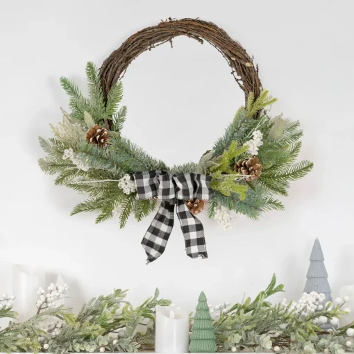 New Plaid Bow and Winter Foliage Artificial Christmas Twig Wreath - 23-inch, Unlit Unlit