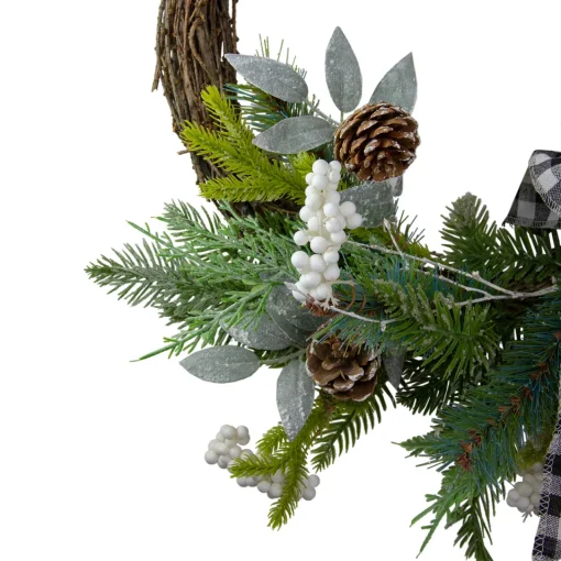 New Plaid Bow and Winter Foliage Artificial Christmas Twig Wreath - 23-inch, Unlit Unlit