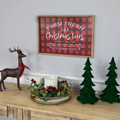 Best Plaid "Farm Fresh Christmas Trees" Framed Christmas Wall Sign - 18.75" x 13" - Red Wall