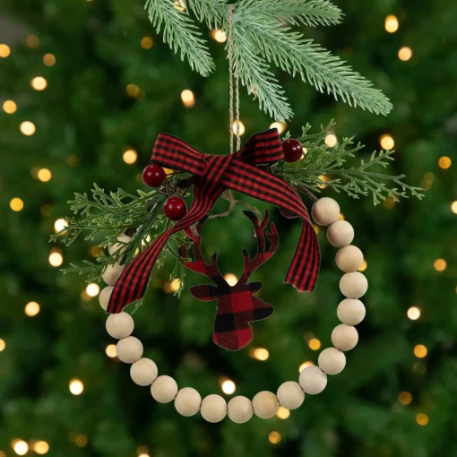 Best Plaid Reindeer with Pine and Berries Christmas Wreath Ornament - 7.5" Animals