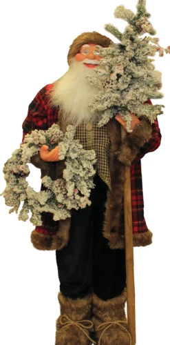 Plaid Standing Santa with Wreath & Alpine Tree Christmas Figure - 4' Santa Claus