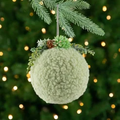 New Plush Christmas Ball Ornament with Winter Foliage - 4" - Green Glass|Ball Ornaments