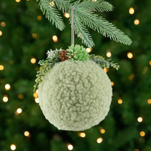 New Plush Christmas Ball Ornament with Winter Foliage - 4" - Green Glass|Ball Ornaments