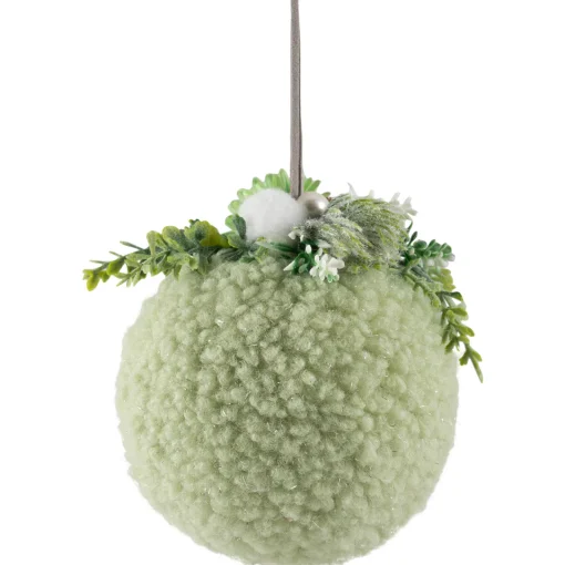 New Plush Christmas Ball Ornament with Winter Foliage - 4" - Green Glass|Ball Ornaments