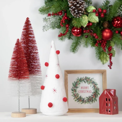Best Plush Christmas Cone Tree with Pompom Ornaments - 11" - White and Red Trees