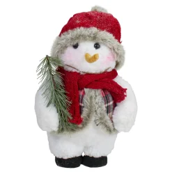 New Plush Snowman with Pine Sprig Wearing Plaid Vest Christmas Figure - 10" Snowmen
