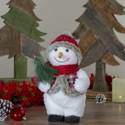New Plush Snowman with Pine Sprig Wearing Plaid Vest Christmas Figure - 10" Snowmen