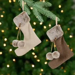 Discount Plush Stockings Christmas Ornaments - 7.5" - Beige and Brown - Set of 2 Stockings