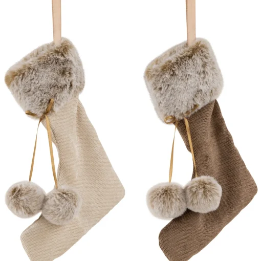 Discount Plush Stockings Christmas Ornaments - 7.5" - Beige and Brown - Set of 2 Stockings